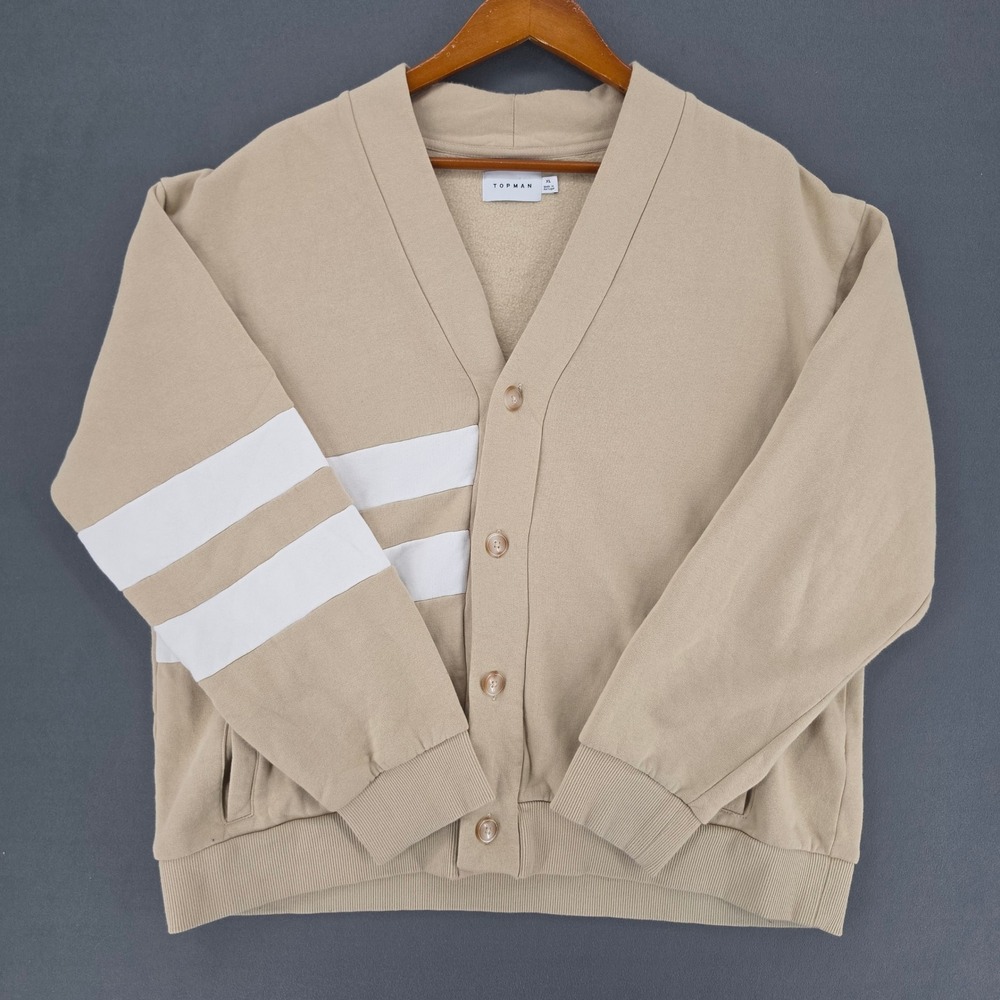 Topman Mens XL Tan Sweatshirt Cardigan Button Front Varsity Stripe Fleece